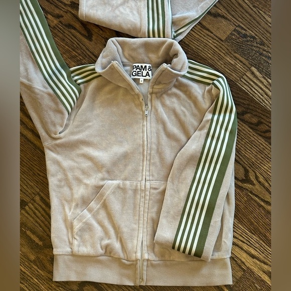 Pam & Gela Beige Velour Stripe Track Set Size P Fits Small - Picture 4 of 7